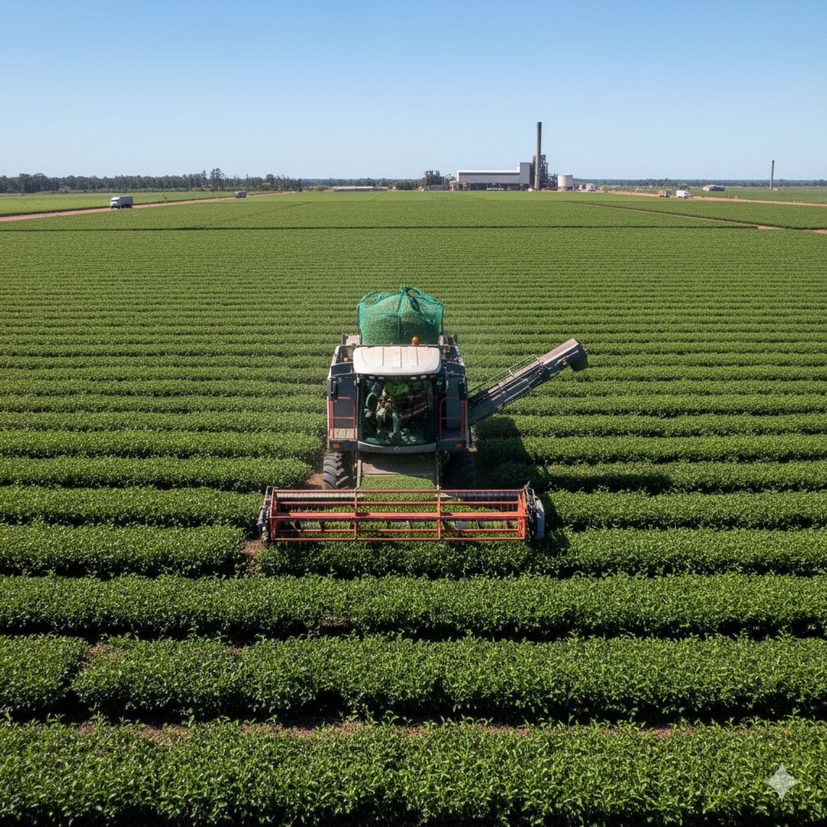 A mechanical tea harvester working in the red earth of an Argentine tea field in Misiones.