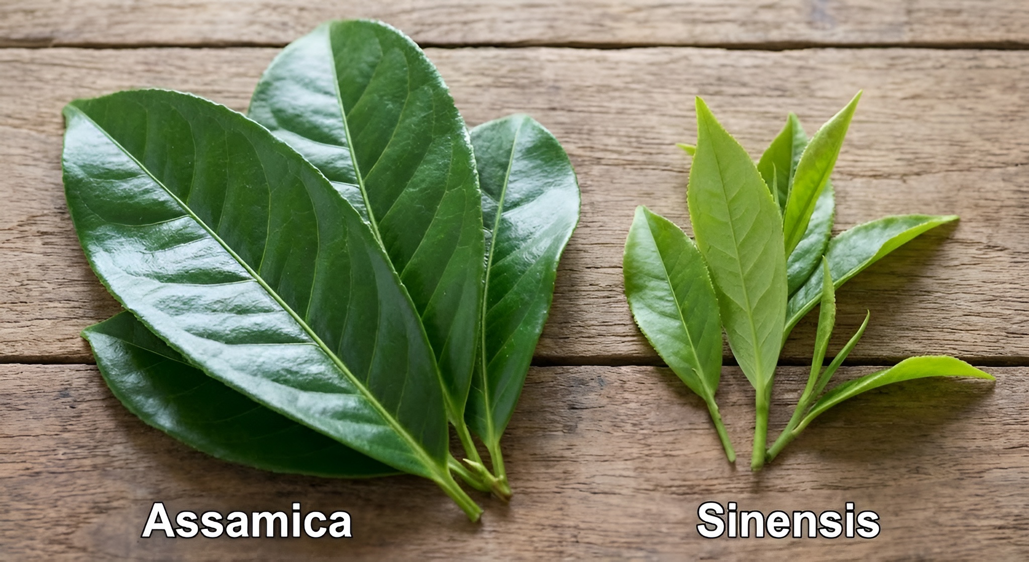 Close up of large, glossy Assamica tea leaves.