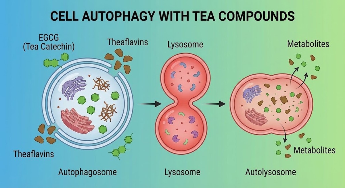 Cell autophagy process visualization with tea compounds.