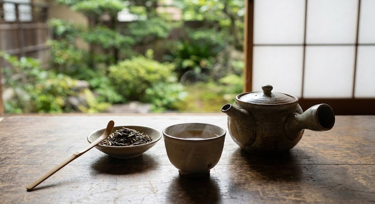 A vibrant collection of loose green tea leaves and a brewed cup.