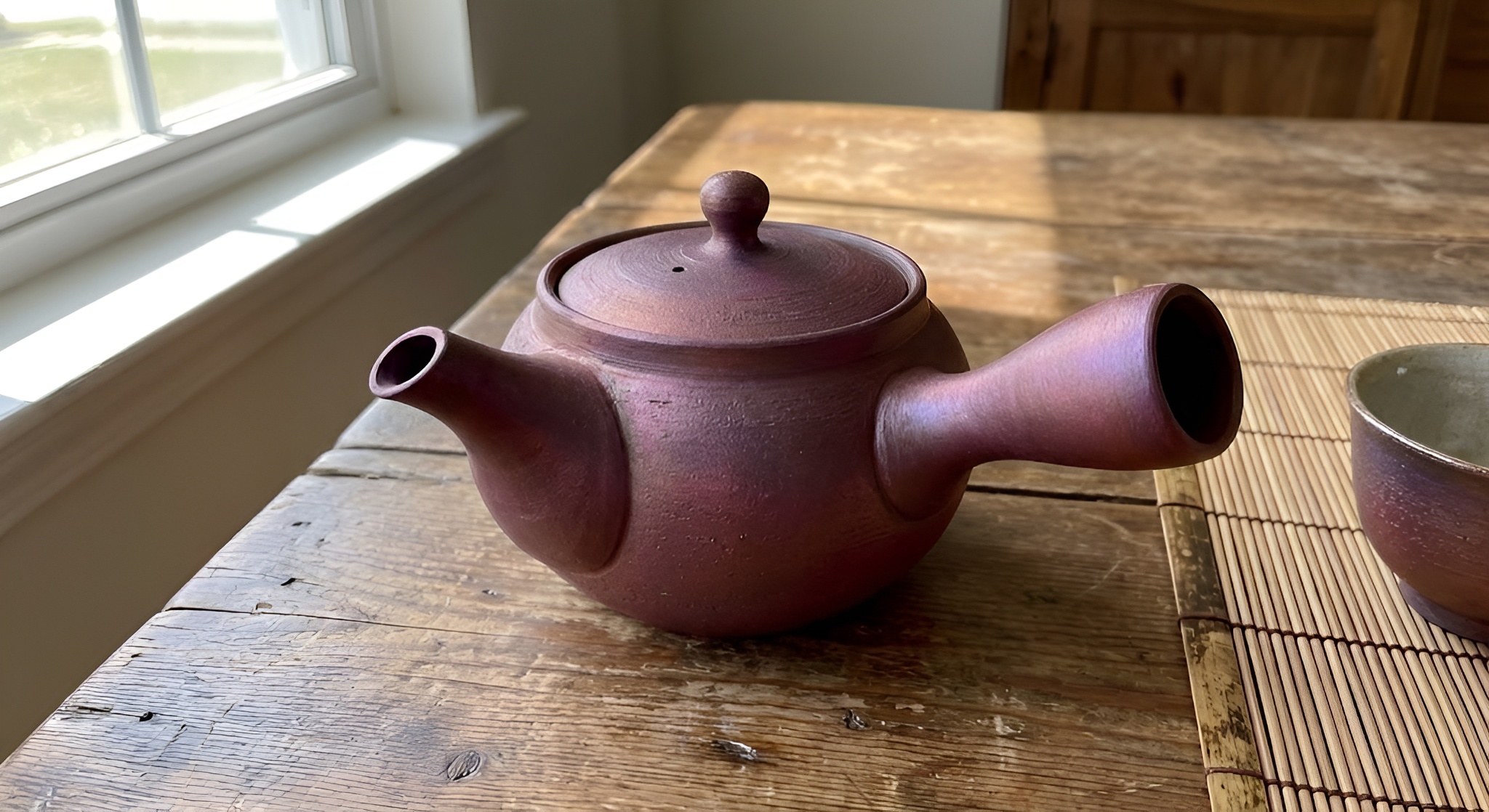 A purple Banko ware teapot.