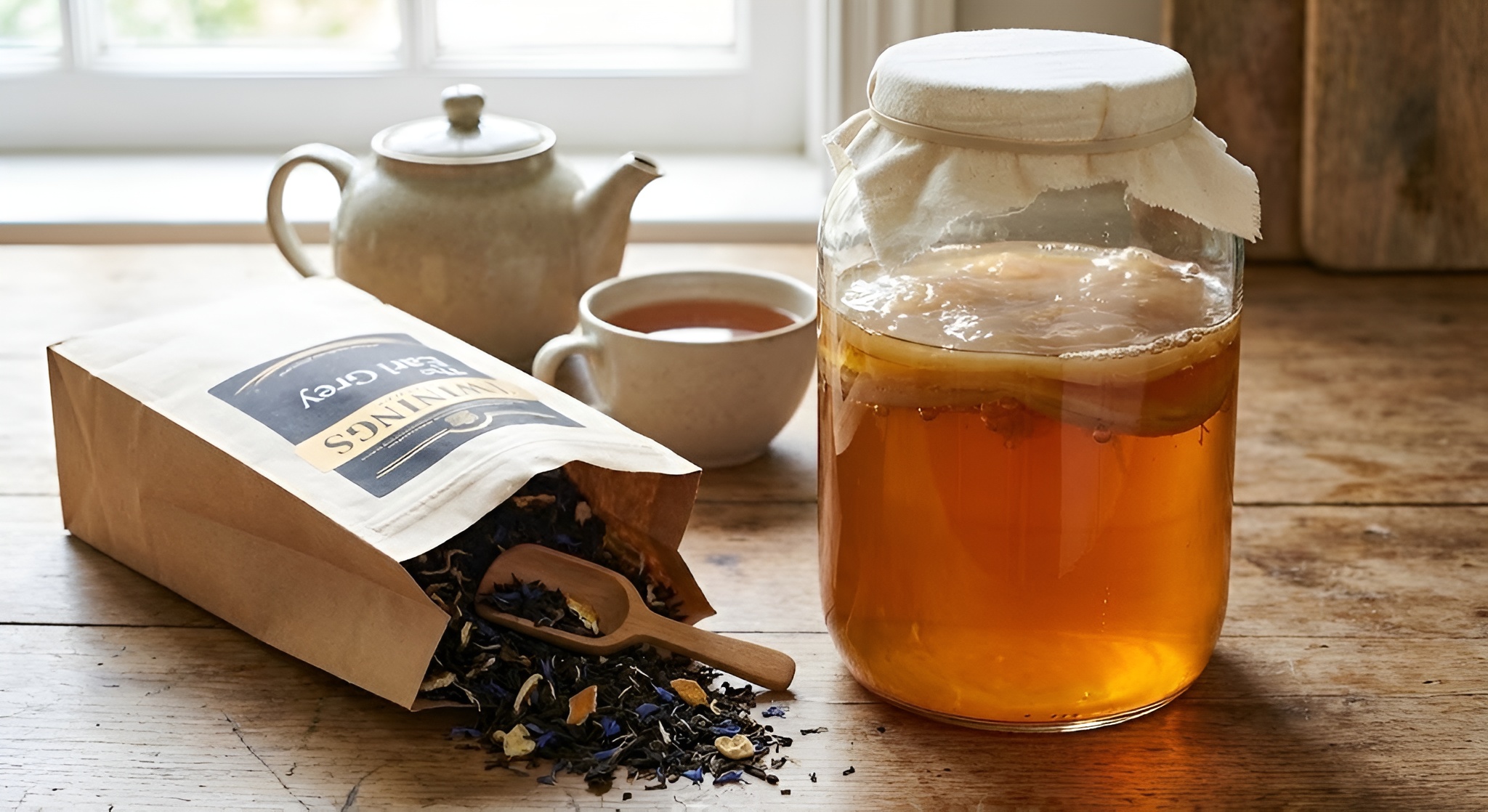 A bag of Earl Grey tea next to a jar of kombucha.
