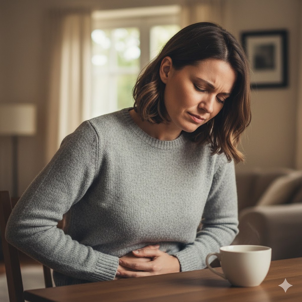 a woman looking clutching her stomach as if in mild discomfort or pain.