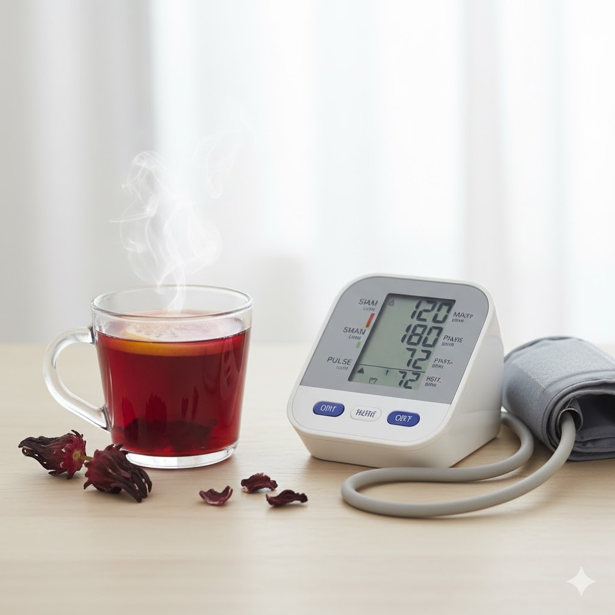 a cup of hibiscus tea and a blood pressure equipment side by side.