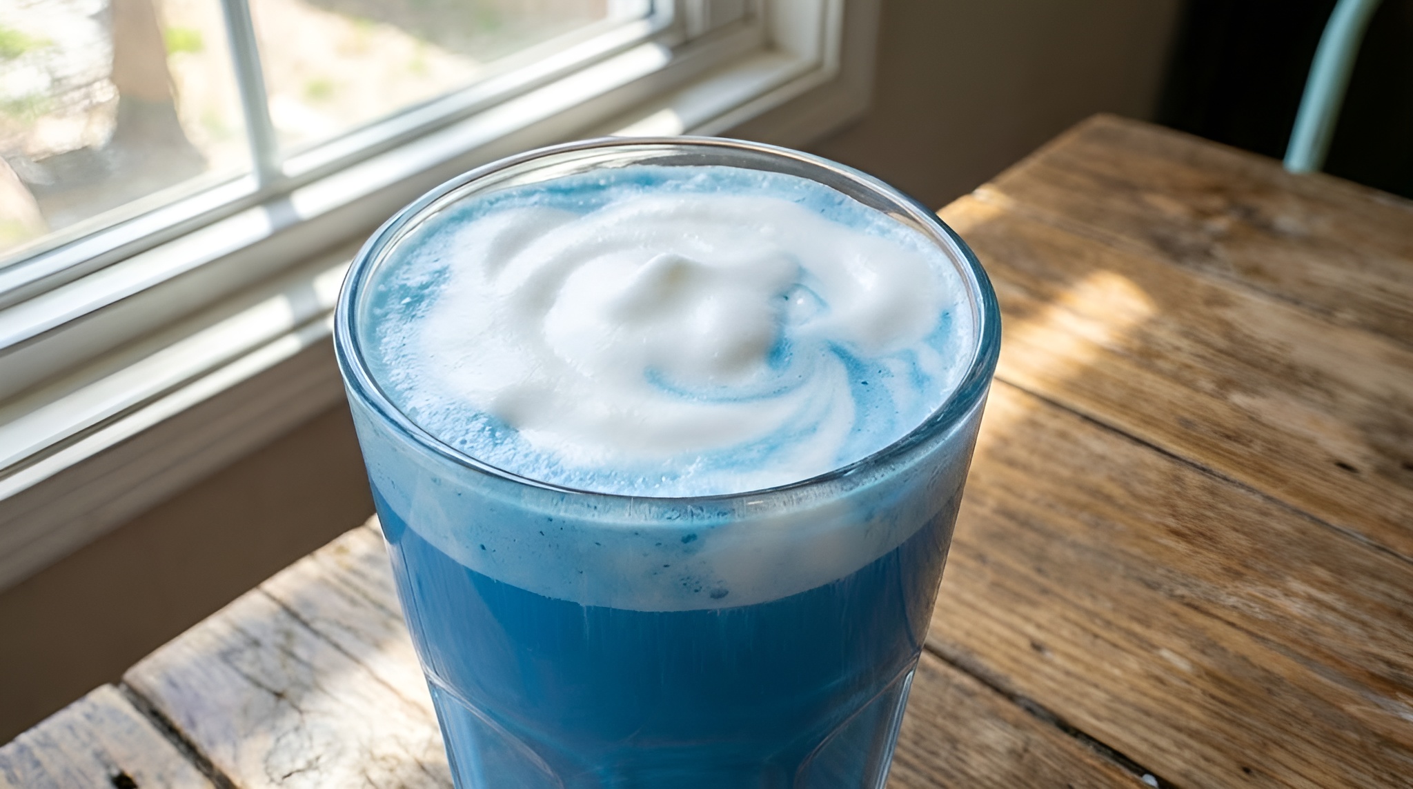 A tall glass with layers of blue butterfly pea tea, ice, and fluffy white coconut cold foam.