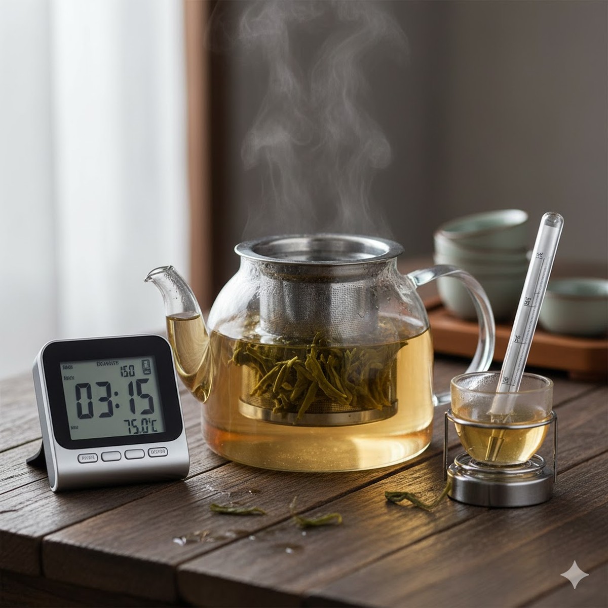 A clear teapot steeping tea, next to a timer and a thermometer.