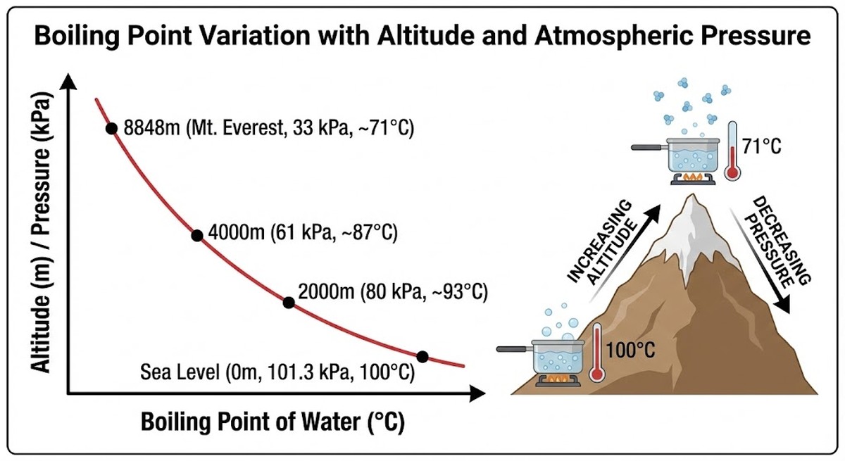 Diagram showing boiling point changes with altitude and pressure.