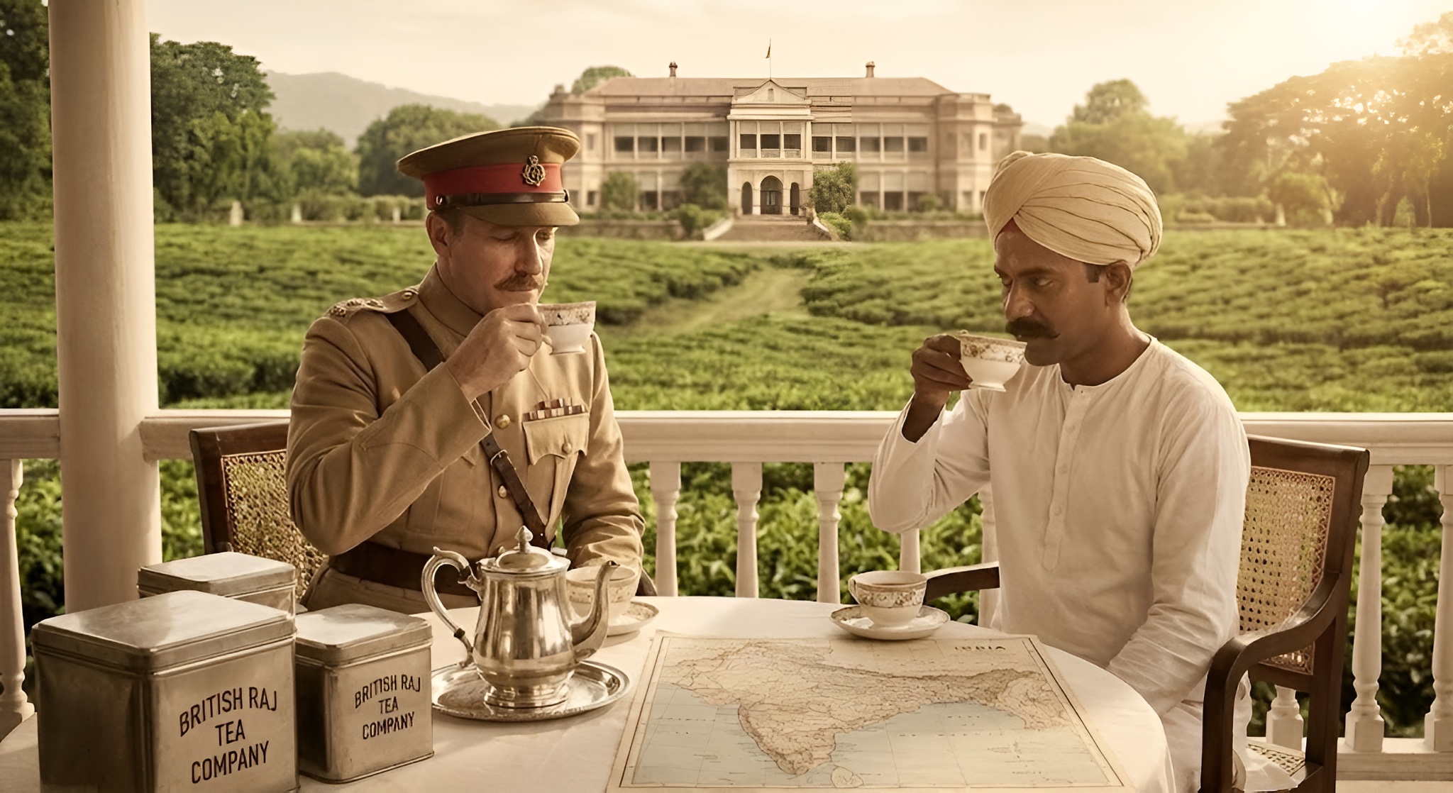 Vintage illustration of a British tea plantation in India during the Raj era.