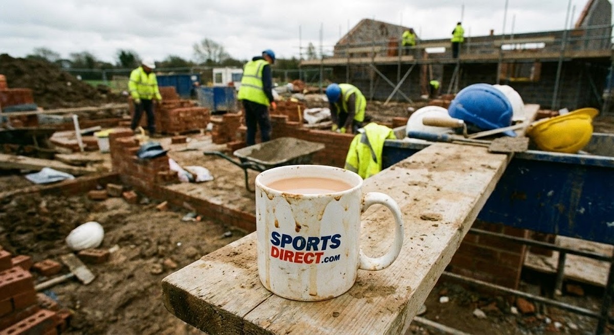 A builder's mug of strong milky tea on a construction site.