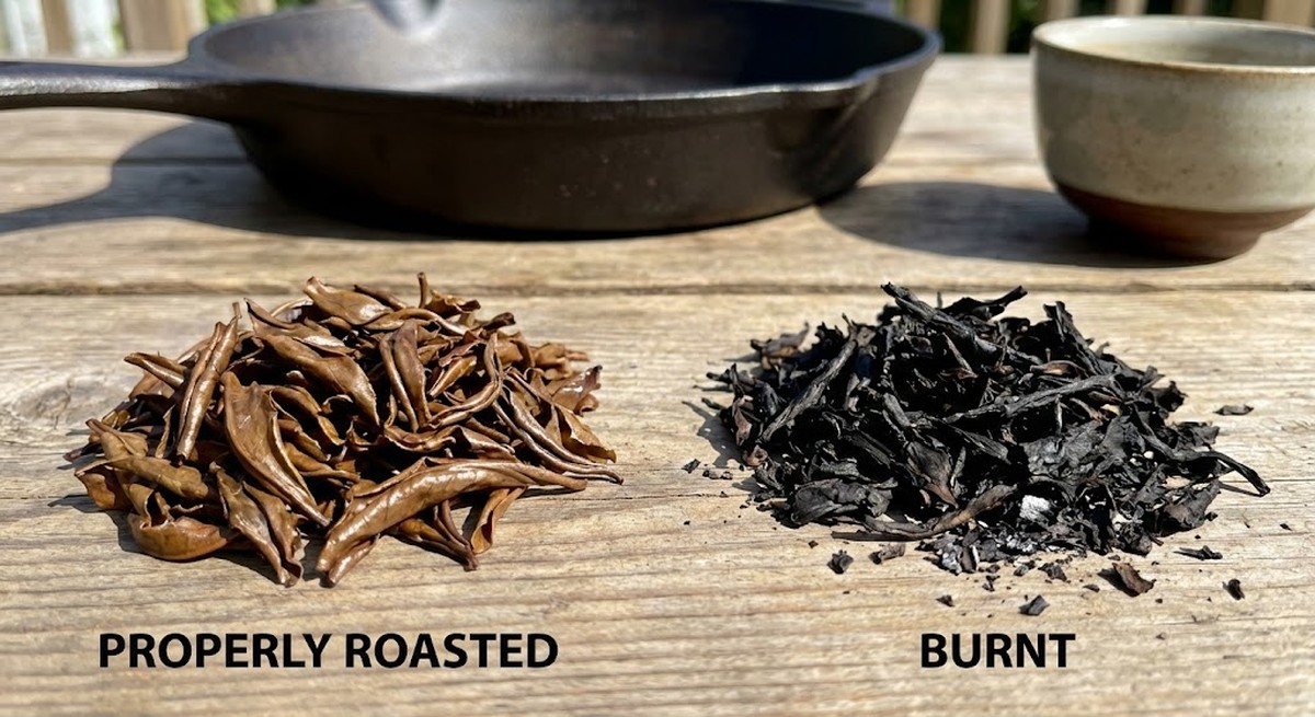 Comparison of properly roasted vs burnt tea leaves.