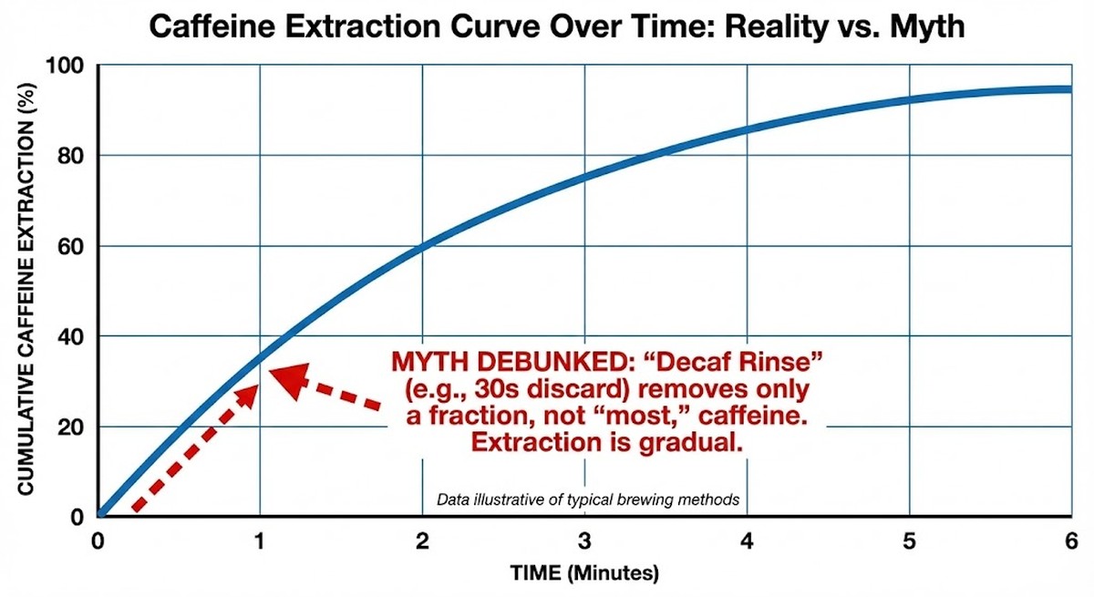 Graph showing caffeine extraction curve over time with myth debunked annotation.