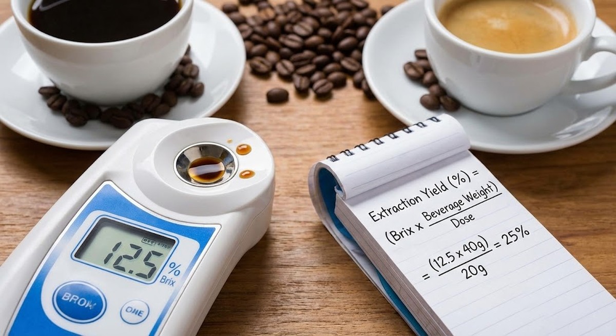 Refractometer reading with extraction yield calculation formula.