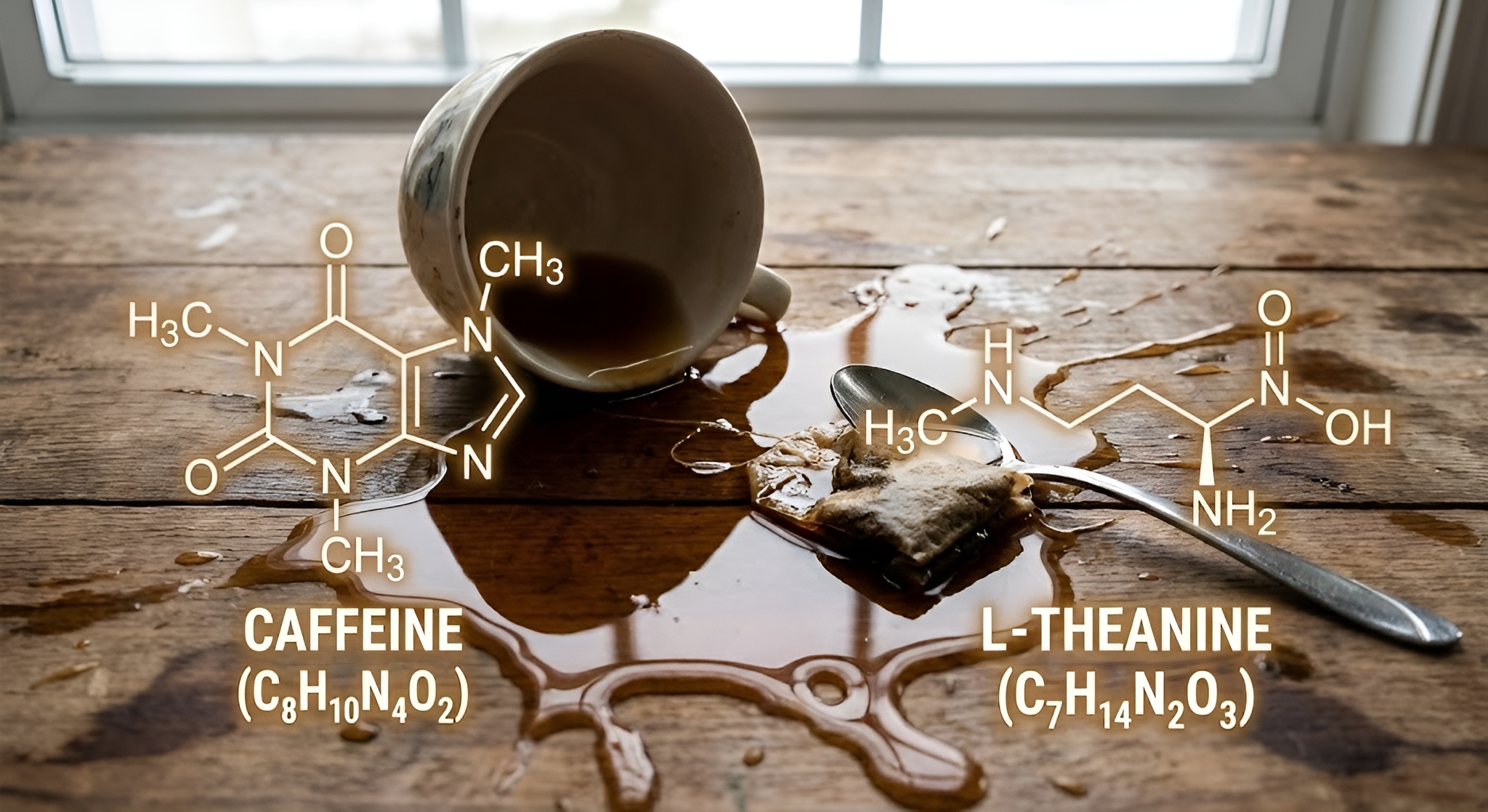 Spilled tea with molecular structures overlaid.