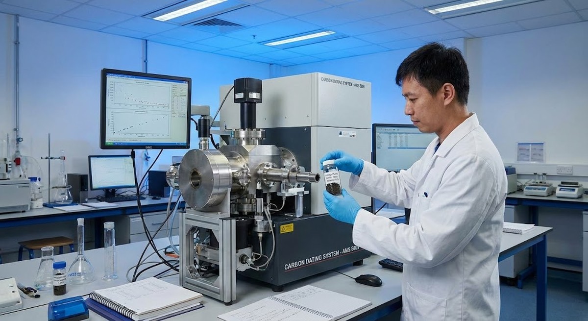 Laboratory carbon dating equipment analyzing vintage tea sample.