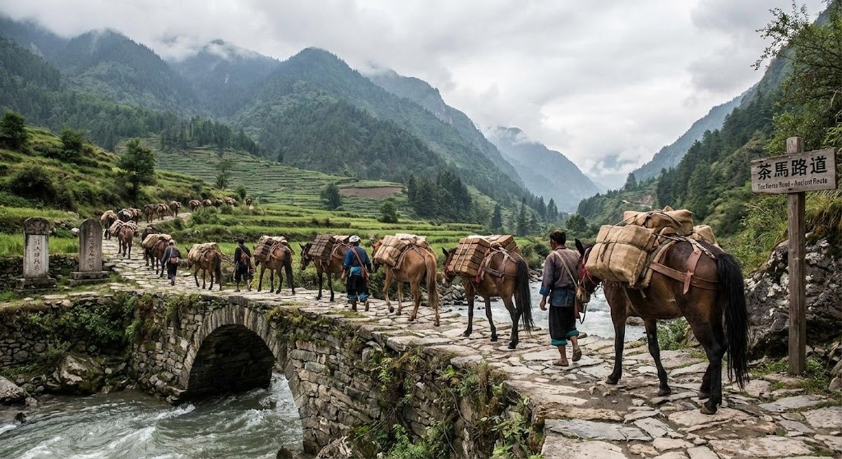 Ancient tea horse road caravan trail through mountains.