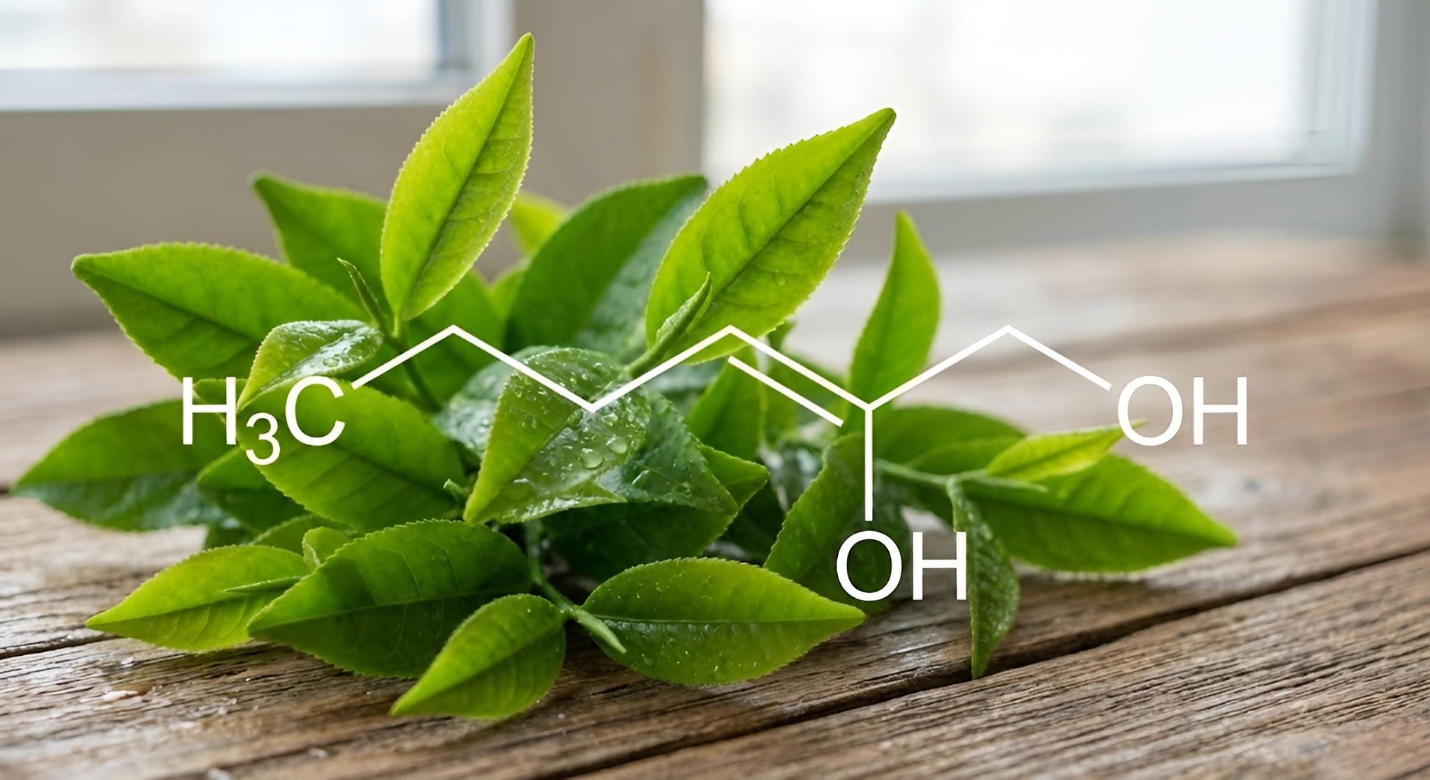 Molecular diagram of Cis-3-Hexenol on Japanese tea leaves.