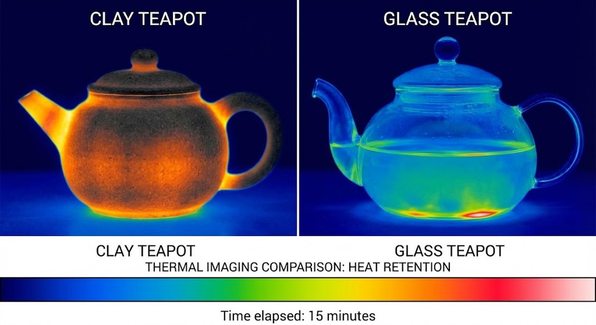 Thermal imaging comparison of clay teapot vs glass teapot showing heat retention.