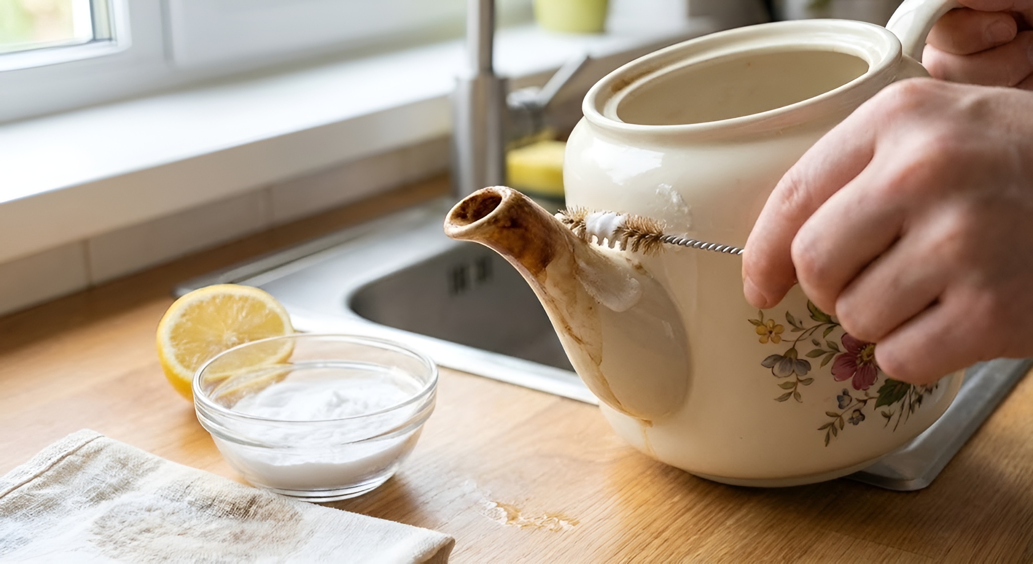 A specialized brush cleaning a teapot spout.