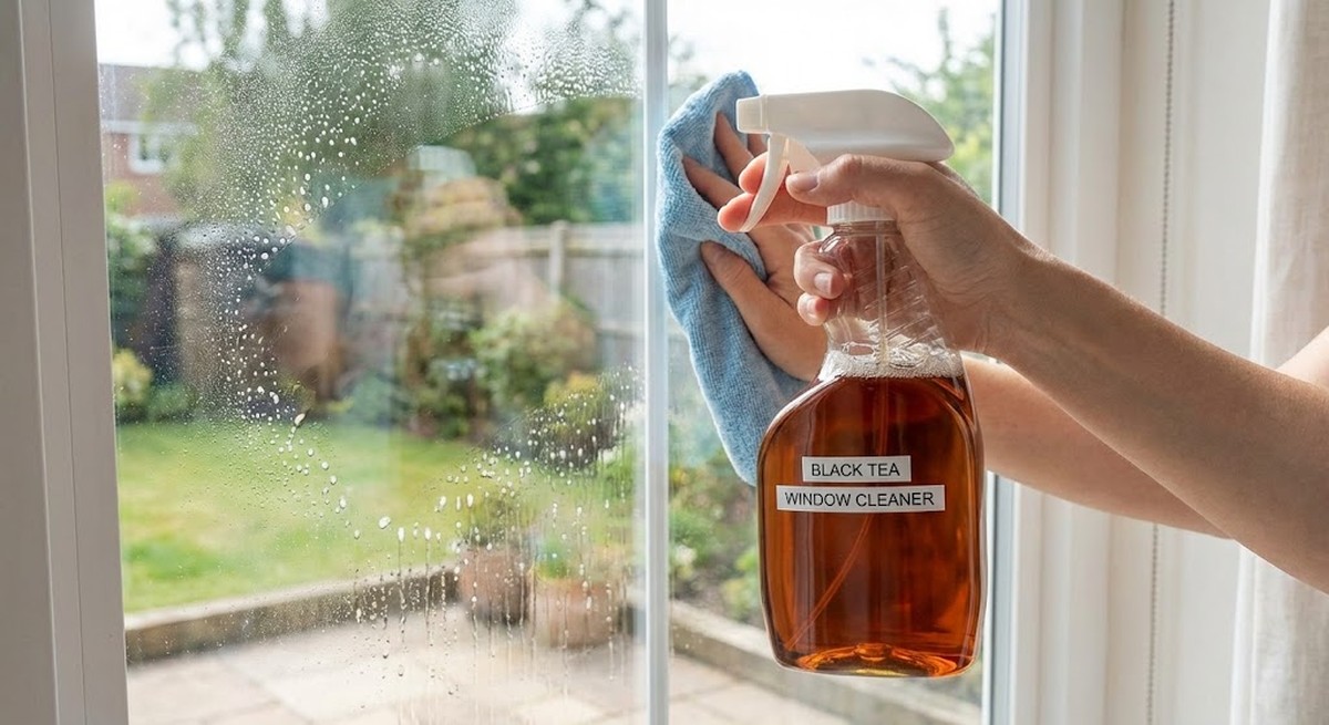 spray bottle with black tea solution cleaning window glass streak-free