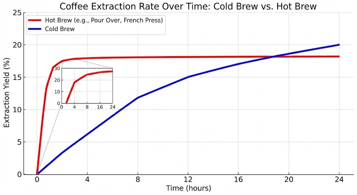 Graph showing extraction rate curve for cold brew vs hot brew with time axis.