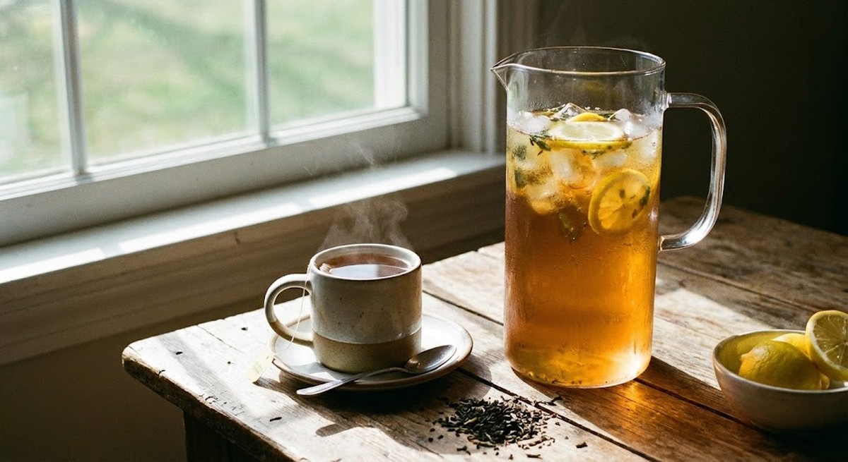Cold brew tea in glass pitcher next to hot brewed tea.