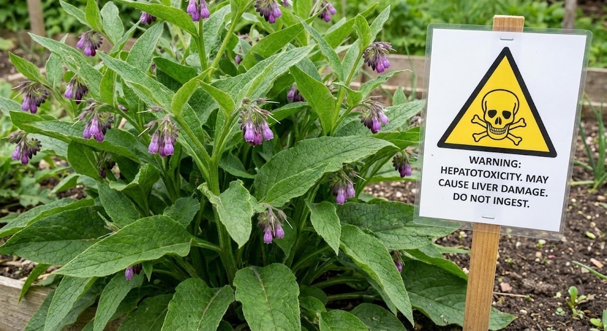 comfrey plant leaves with liver damage warning symbol showing hepatotoxicity