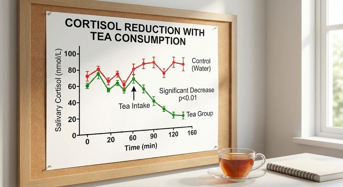 Stress hormone cortisol graph showing reduction with tea.