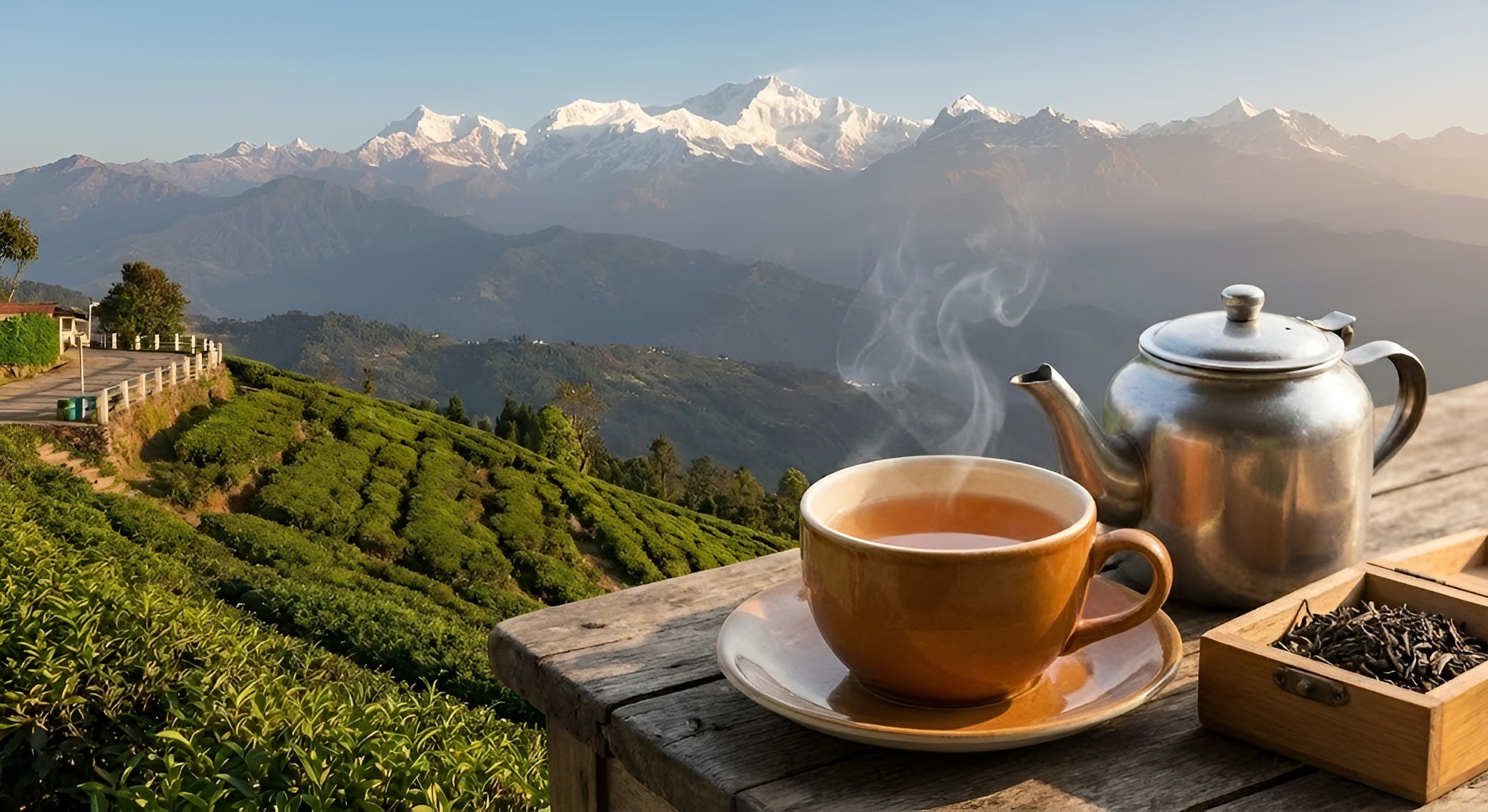 A tea plantation on the steep, misty slopes of Darjeeling.