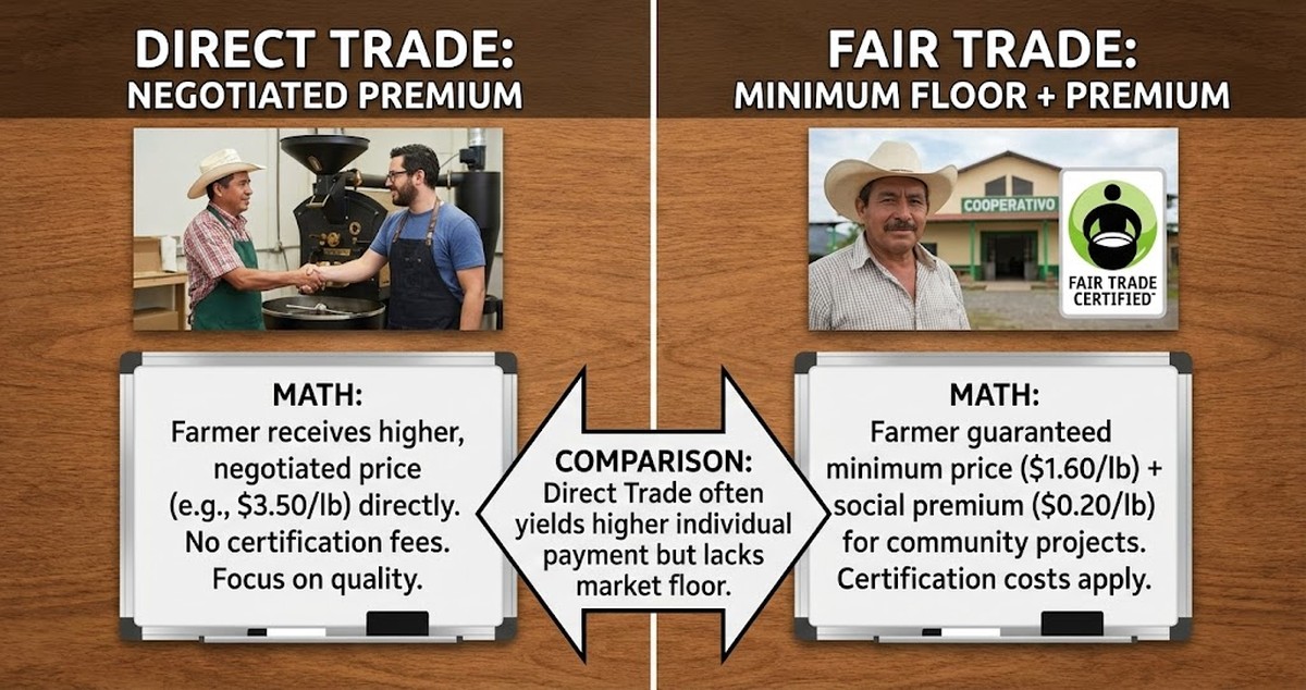 Direct trade vs fair trade showing the premium math comparison