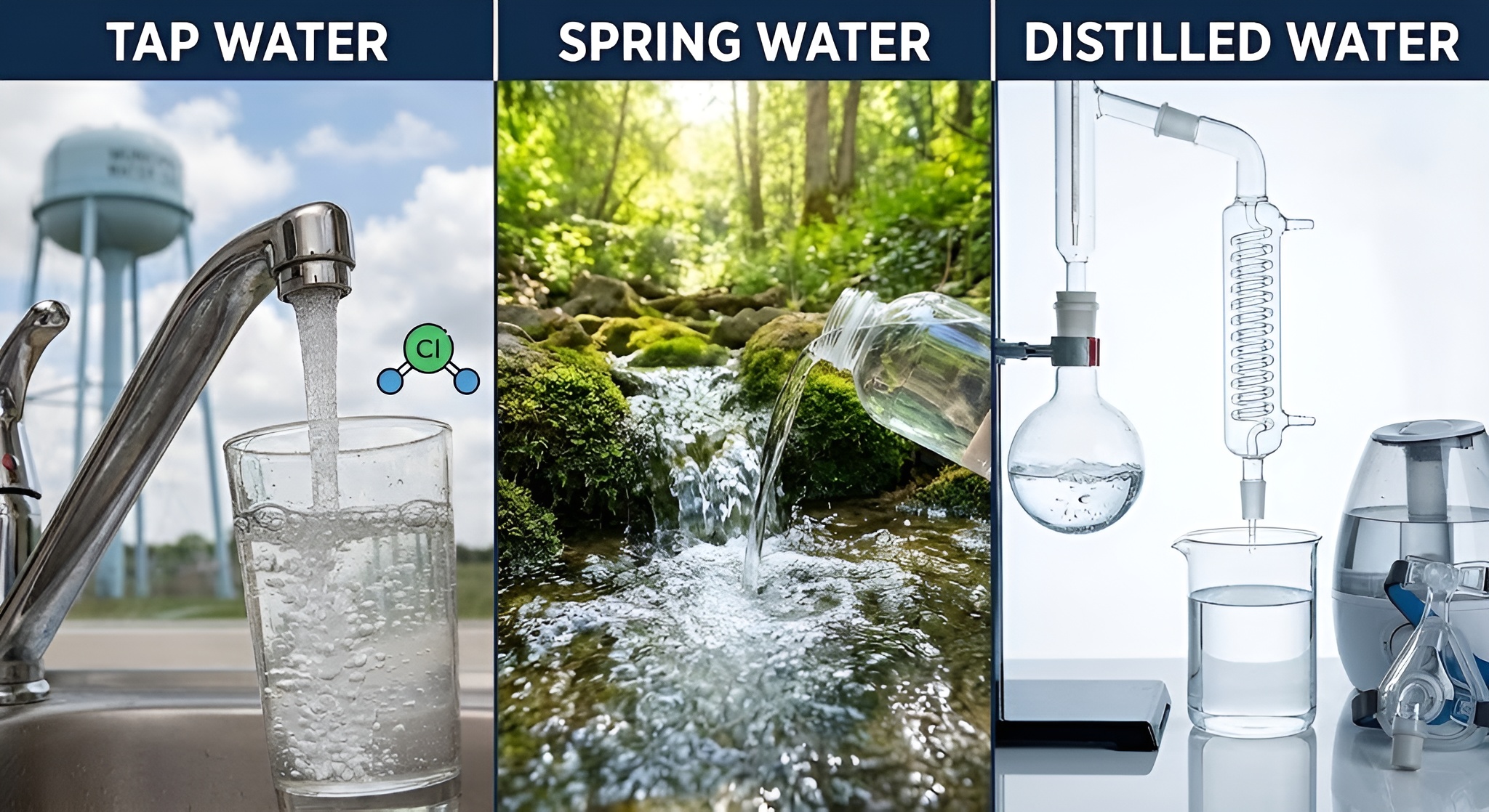 Three glasses of water labeled Tap, Spring, and Distilled.