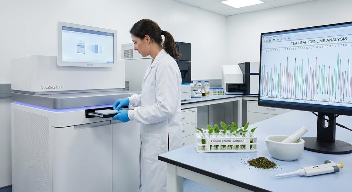 DNA sequencing equipment testing tea leaf samples.