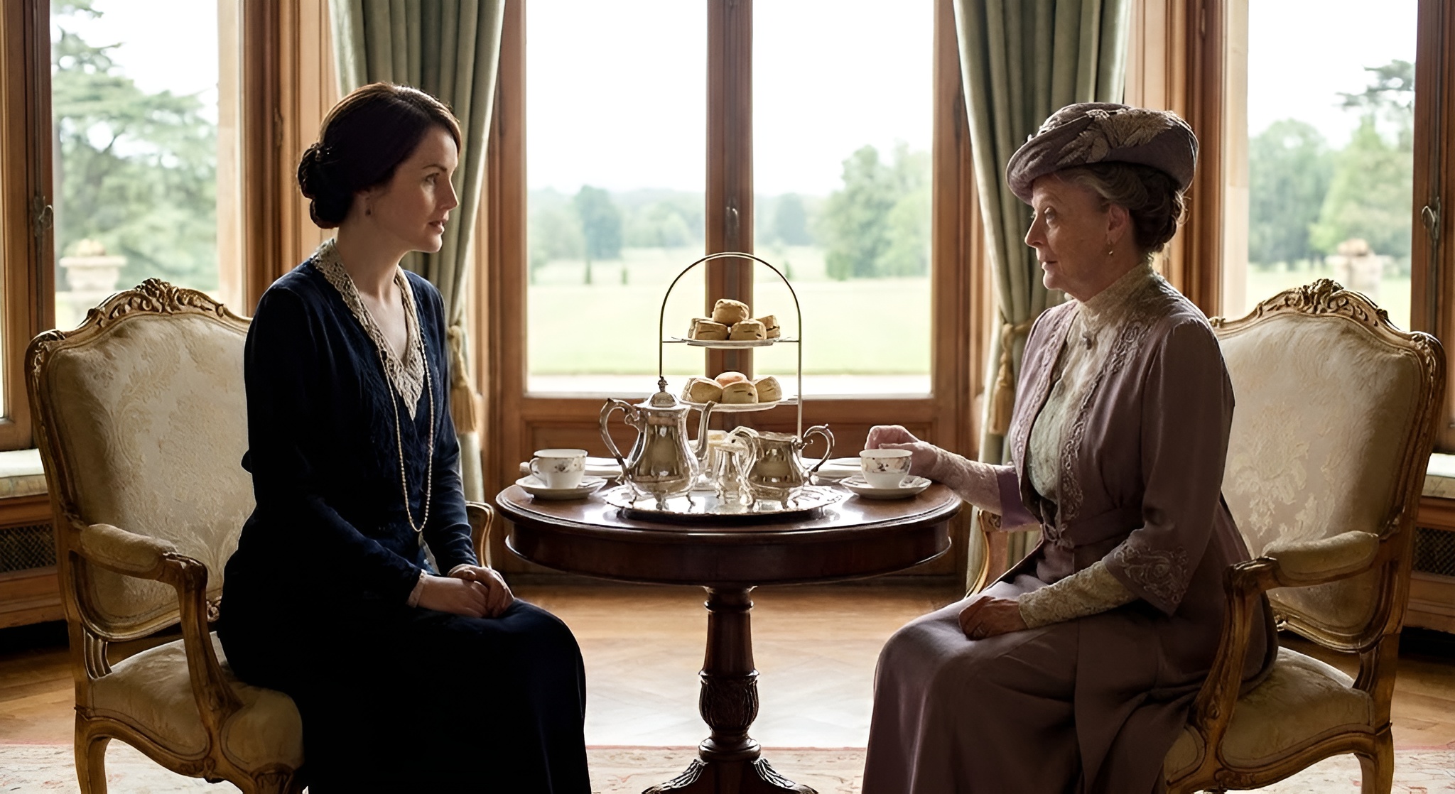 Silver tea service scene from Downton Abbey.