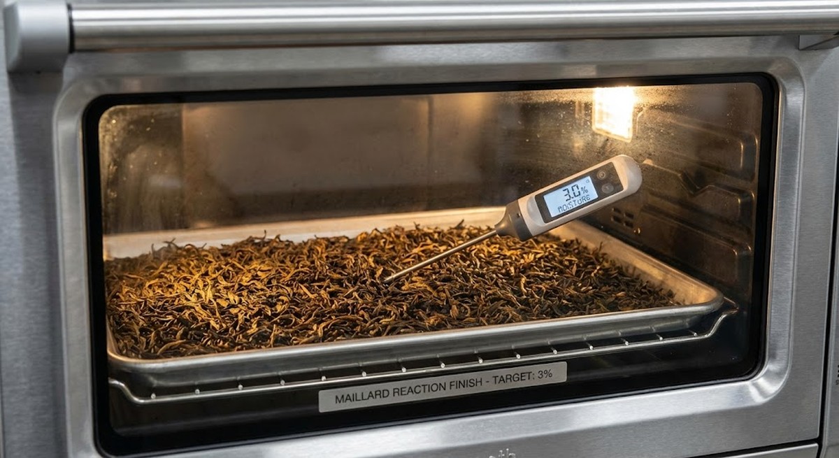 Oven drying tea leaves showing 3 percent moisture Maillard finish