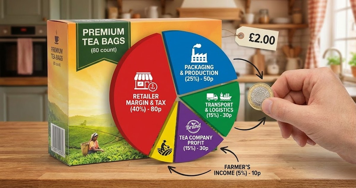 Tea bag cost breakdown showing where your 2 pound money goes