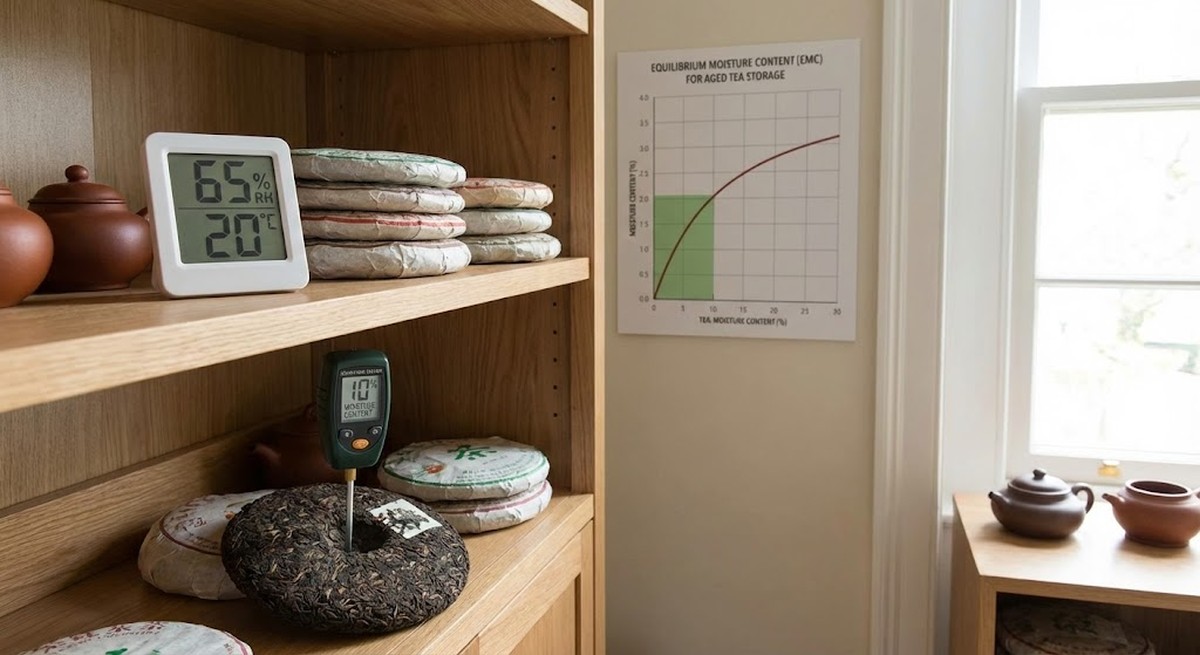 Humidity meter and moisture content measurement showing EMC equilibrium for optimal aged tea storage