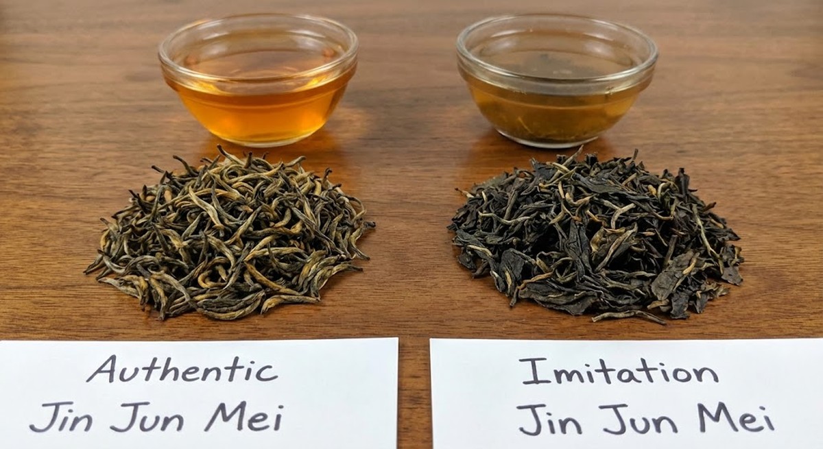 Authentic vs fake Jin Jun Mei tea comparison.