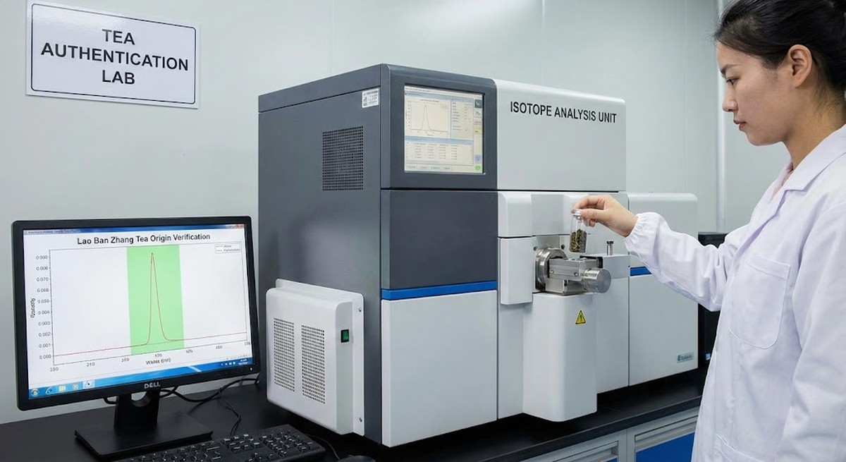 Isotope testing equipment analyzing Lao Ban Zhang tea origin.