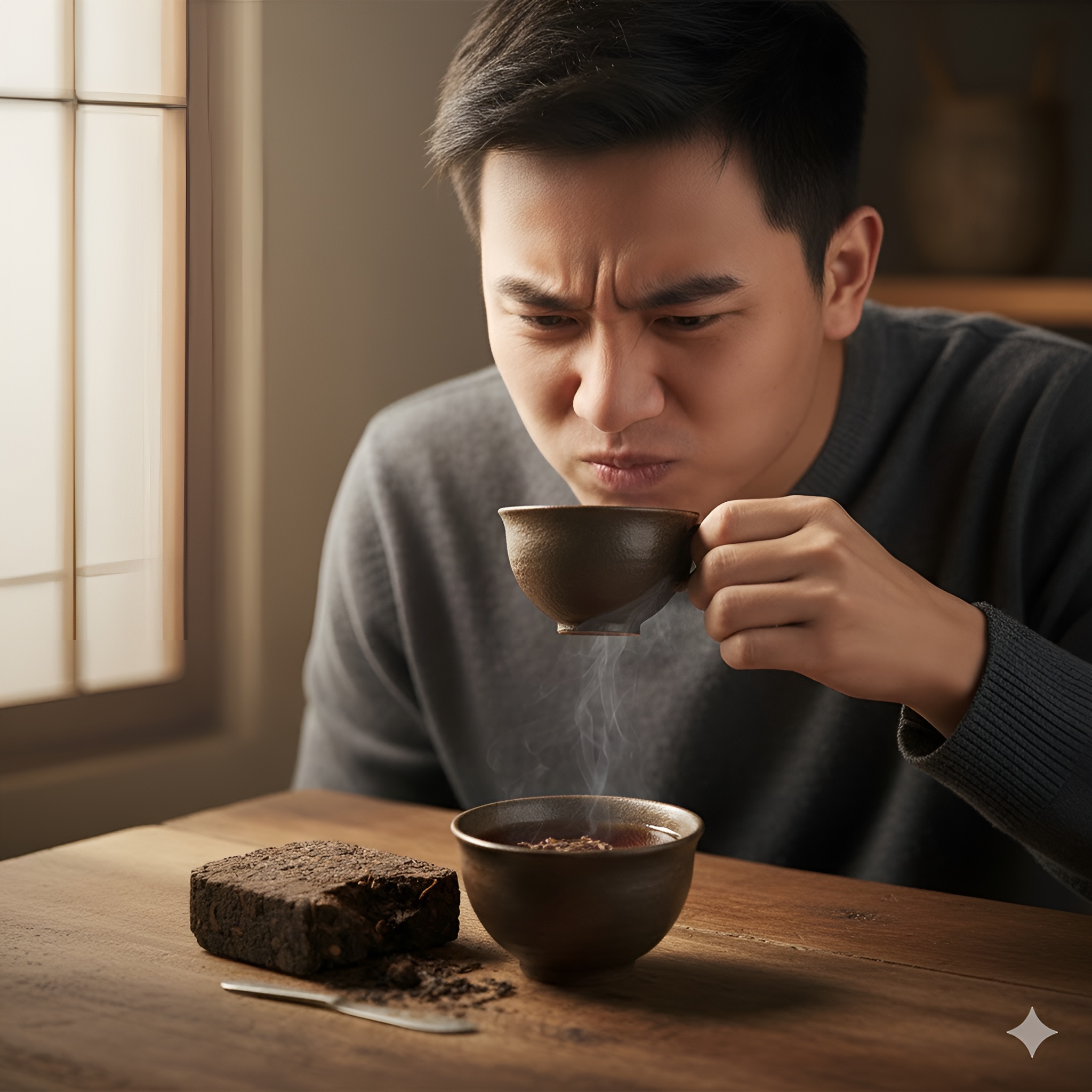 A person sipping a cup of pu-erh tea with a look of distain at the taste of a fishy cup of tea.