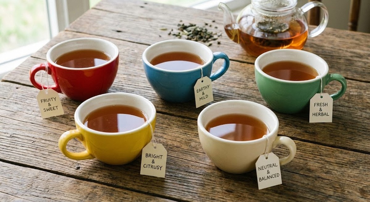 Multiple colored teacups with the same tea showing different perceived flavors.