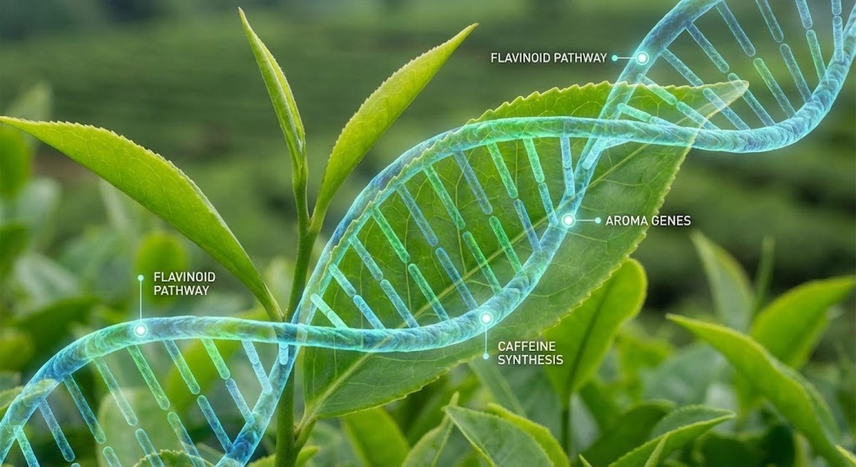 DNA helix overlaid on tea leaves showing genetic influence.