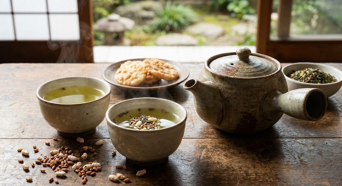 A vibrant collection of loose green tea leaves and a brewed cup.