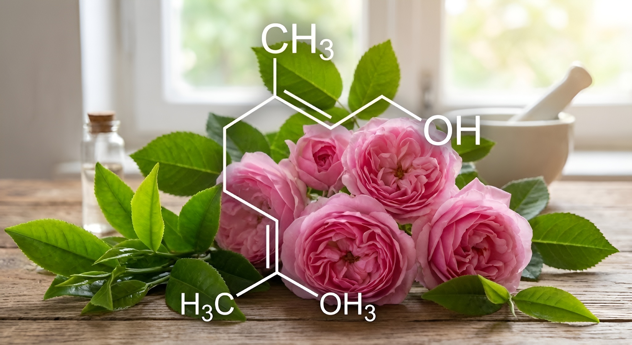 Molecular diagram of Geraniol on a tea leaf.