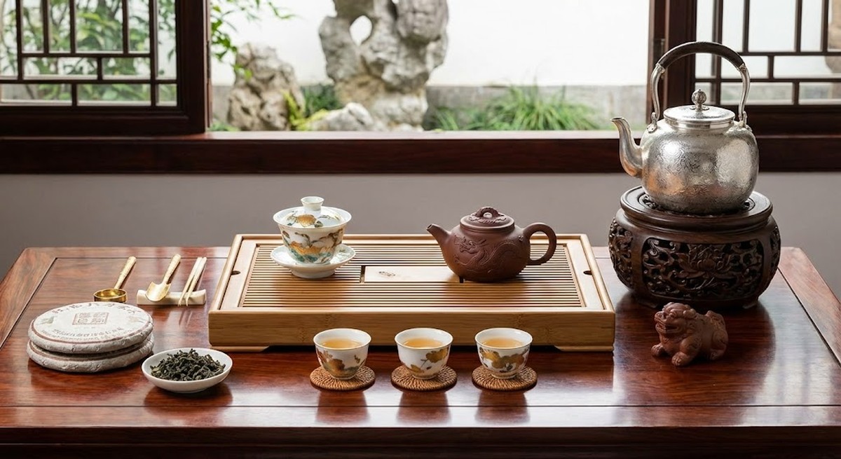 An elaborate gongfu tea setup with expensive teaware.