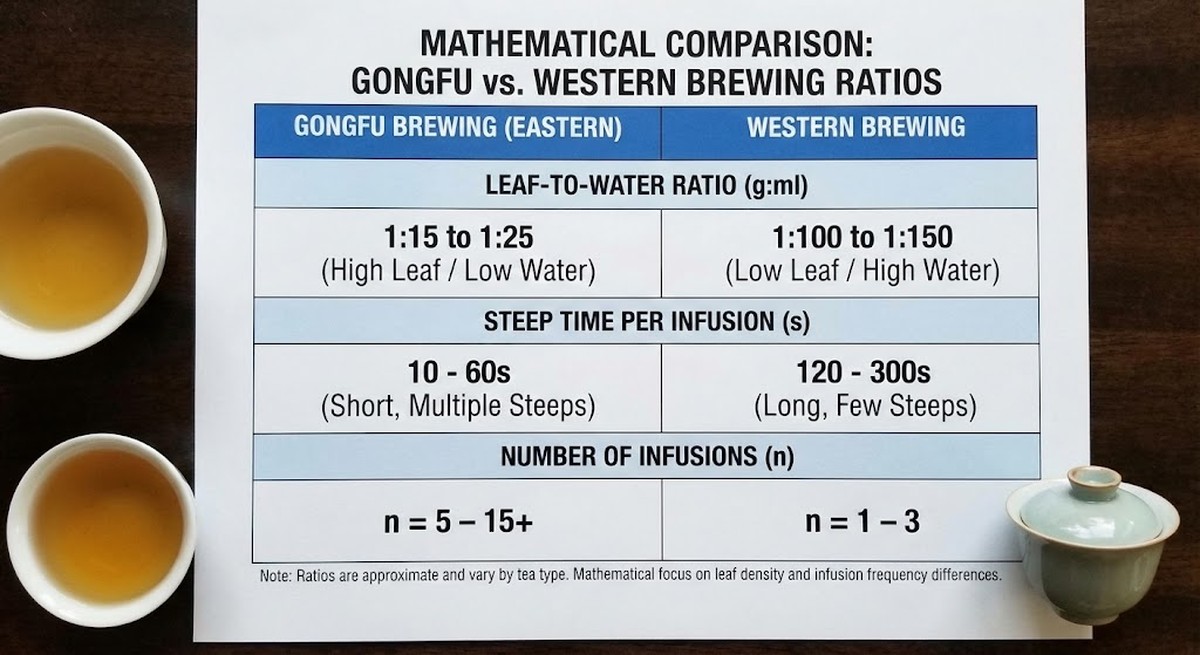 Mathematical comparison chart of gongfu vs western brewing ratios.