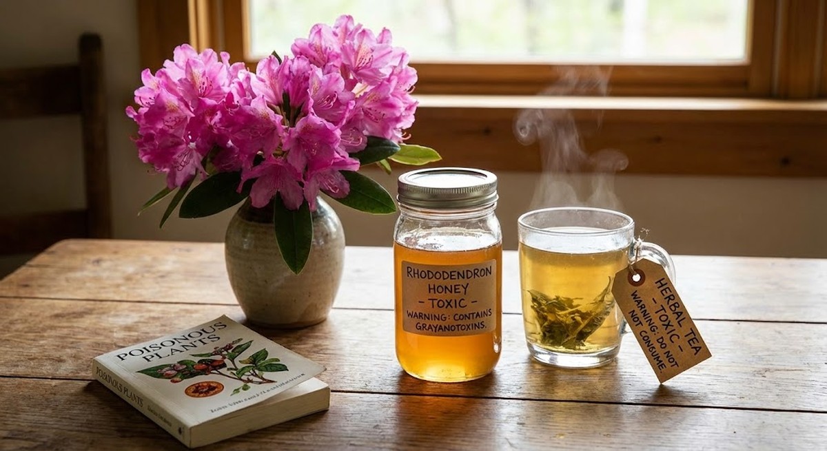 Rhododendron flowers next to teacup with warning symbol and cardiac rhythm chart.