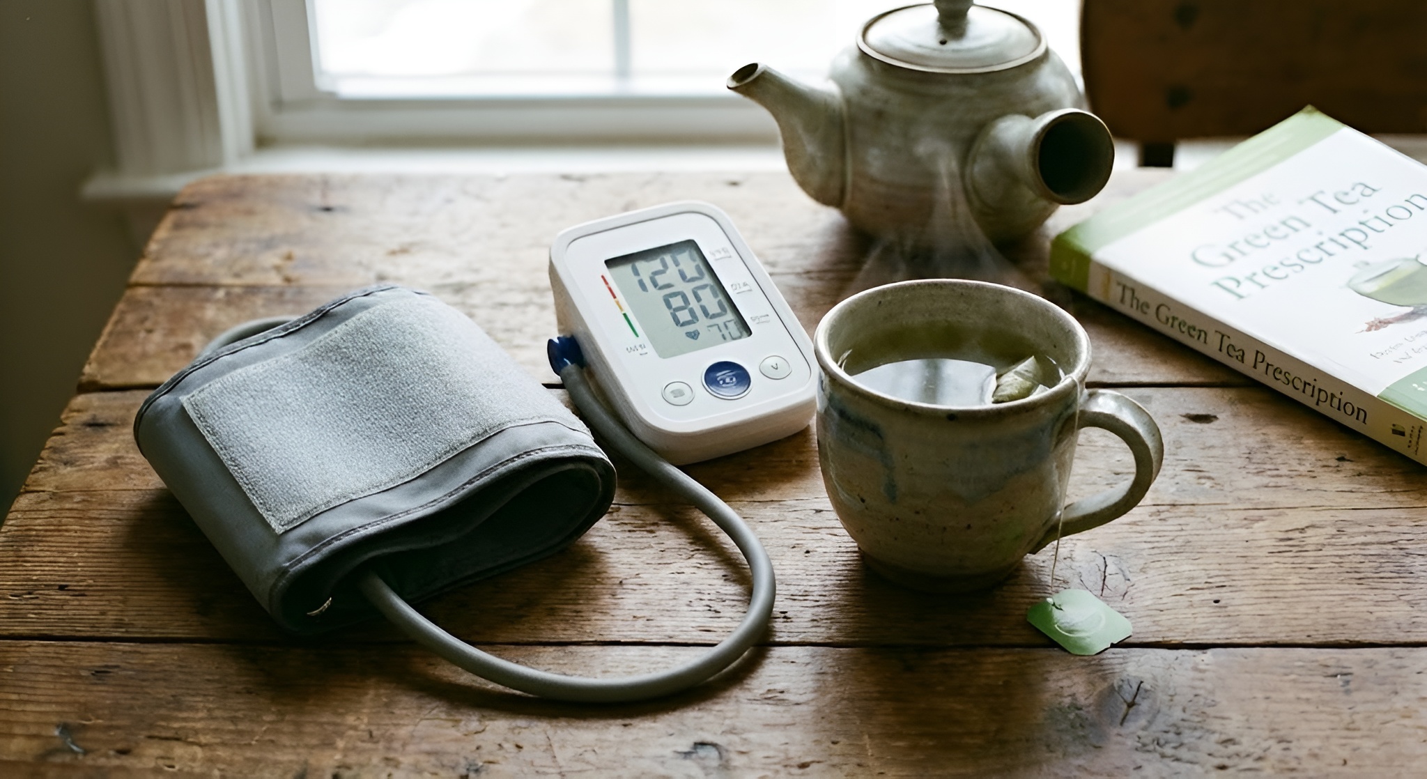 A blood pressure monitor cuff next to a cup of green tea.