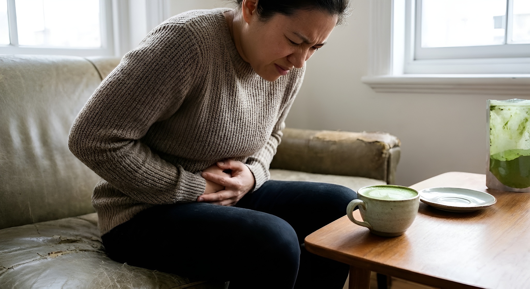 Person holding stomach in pain next to green tea.