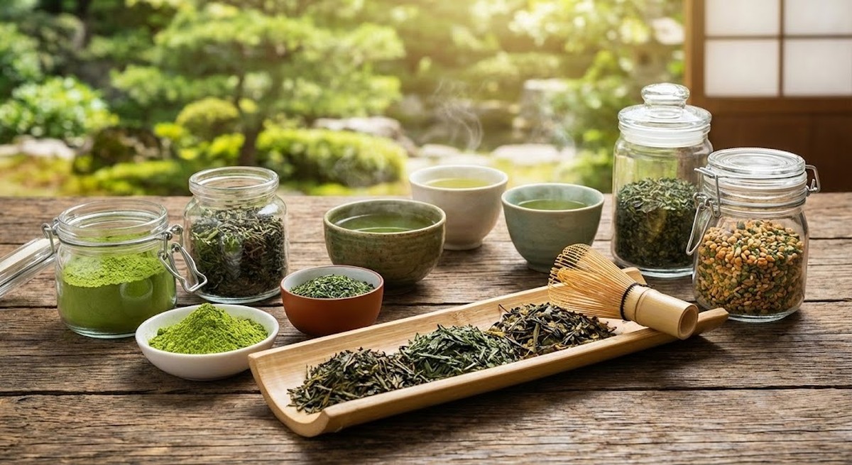 A vibrant collection of loose green tea leaves and a brewed cup.