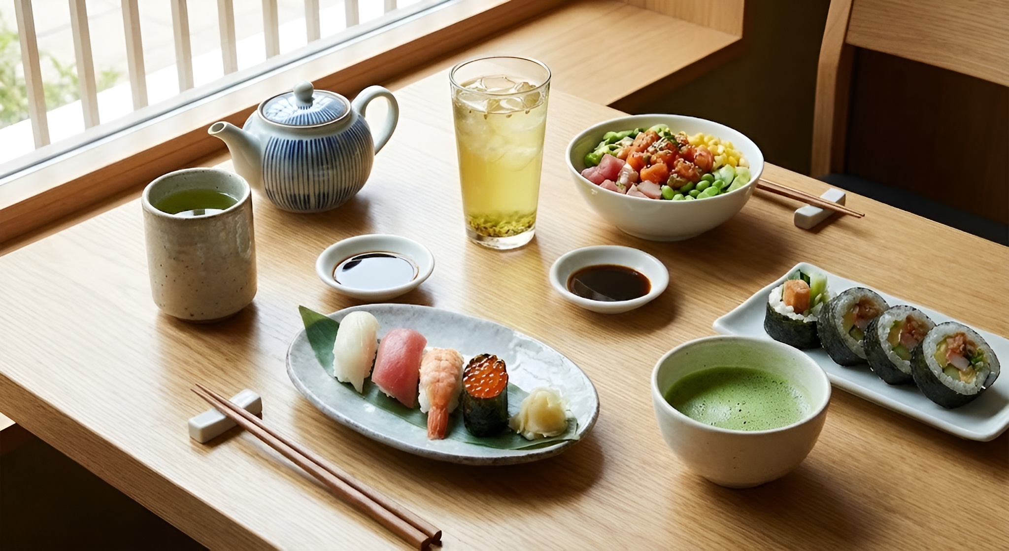 A large cup of hot green tea next to sushi.