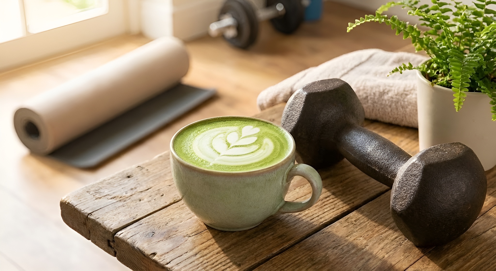 A cup of matcha next to a dumbbell.